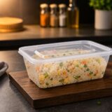 750ml transparent rectangular container filled with rice and covered with a lid