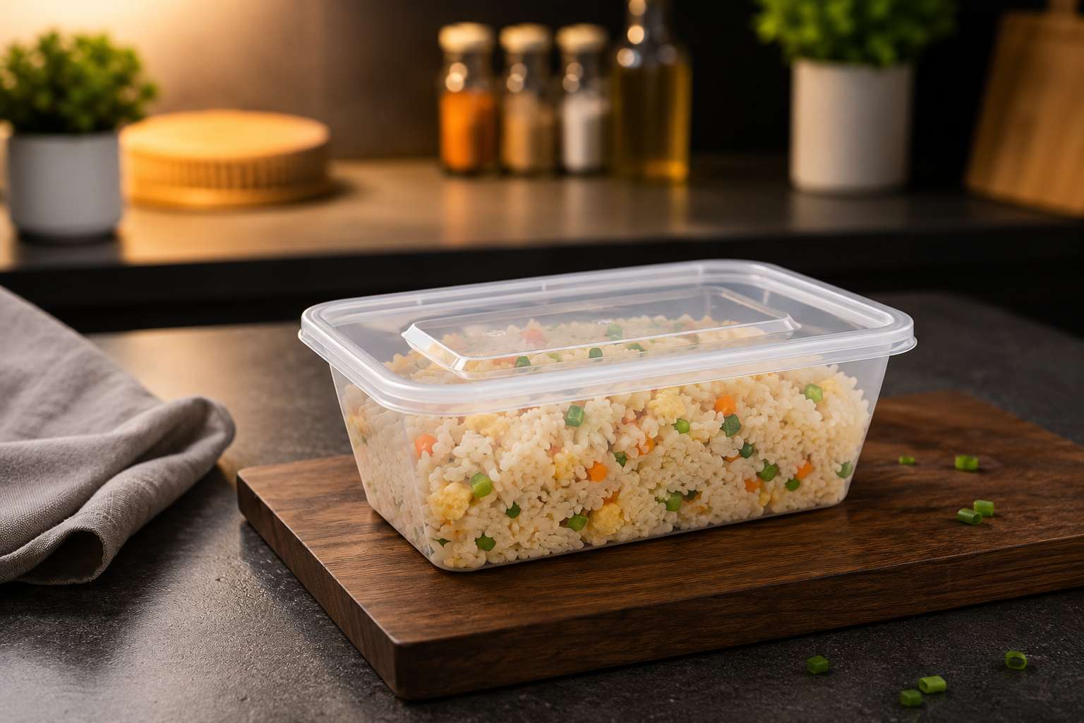 750ml transparent rectangular container filled with rice and covered with a lid