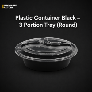 Plastic Container Black – 3 Portion Tray (Round)