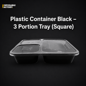 Plastic Container Black – 3 Portion Tray (Square)