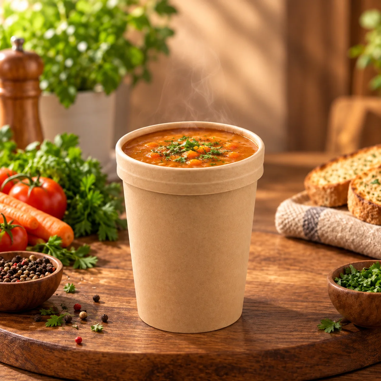 16oz kraft soup bucket filled with soup