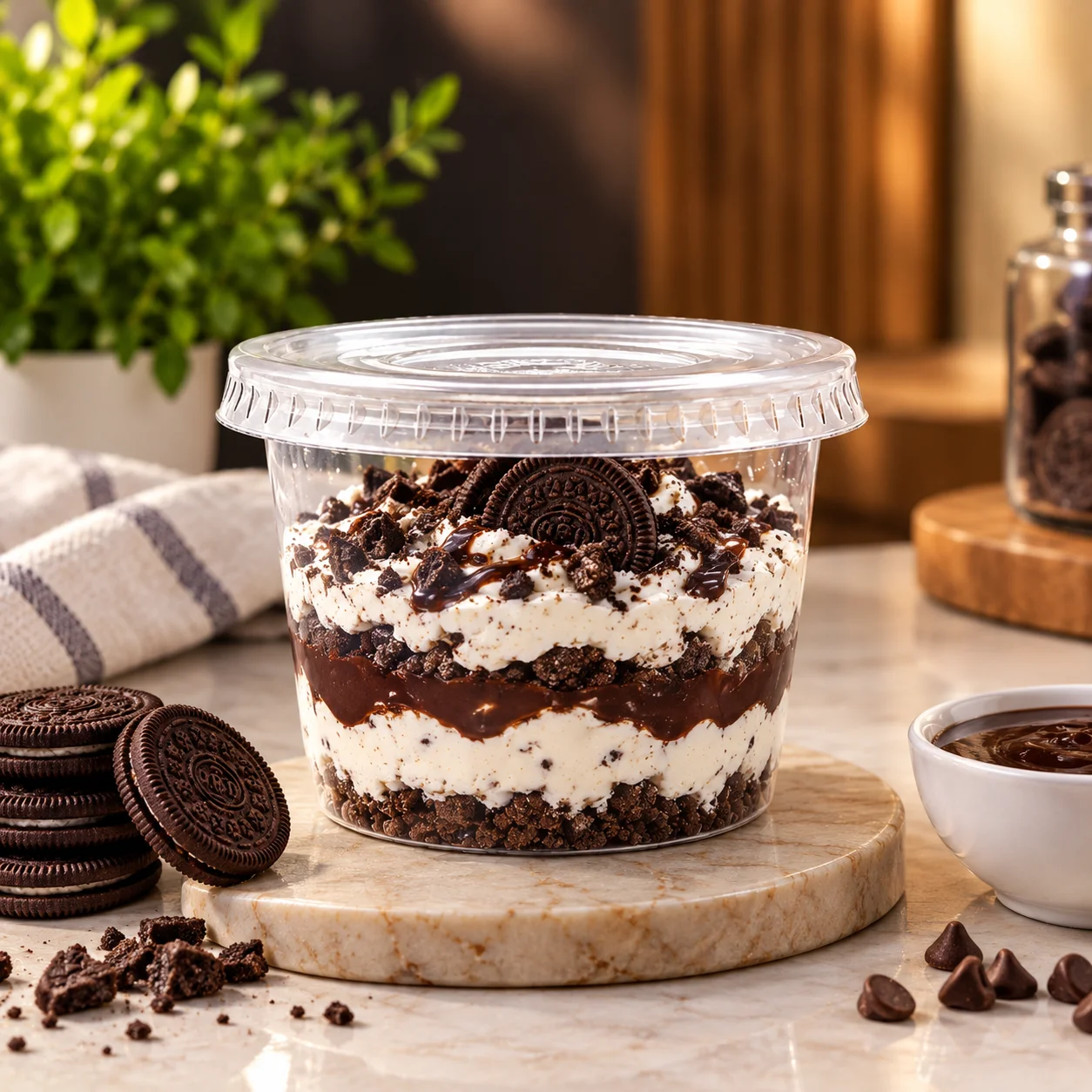 150ml clear dessert cup with a flat lid holding a layered chocolate and cream dessert