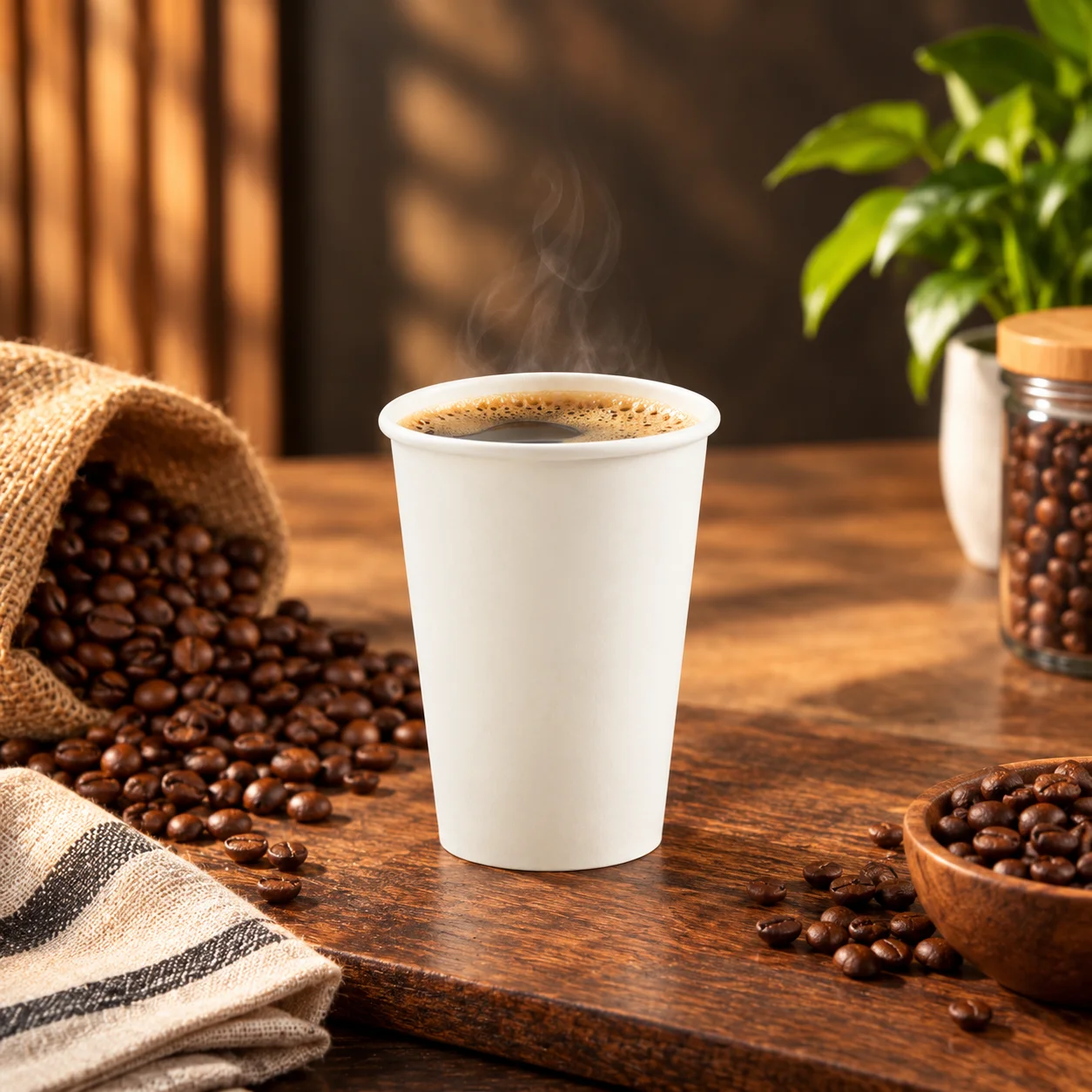 8oz white paper coffee cup without a lid holding coffee on a café table