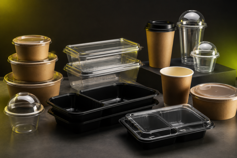 Kraft bowls, clear containers, black meal trays and takeaway cups for home food businesses