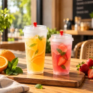 16oz clear tumblers with lids holding orange and strawberry cold drinks on a café table