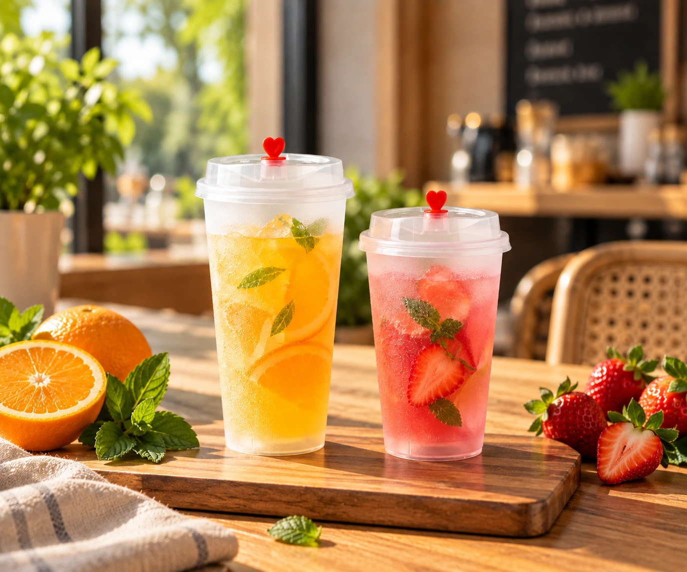 16oz clear tumblers with lids holding orange and strawberry cold drinks on a café table