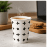 7oz patterned paper cup holding tea on a table
