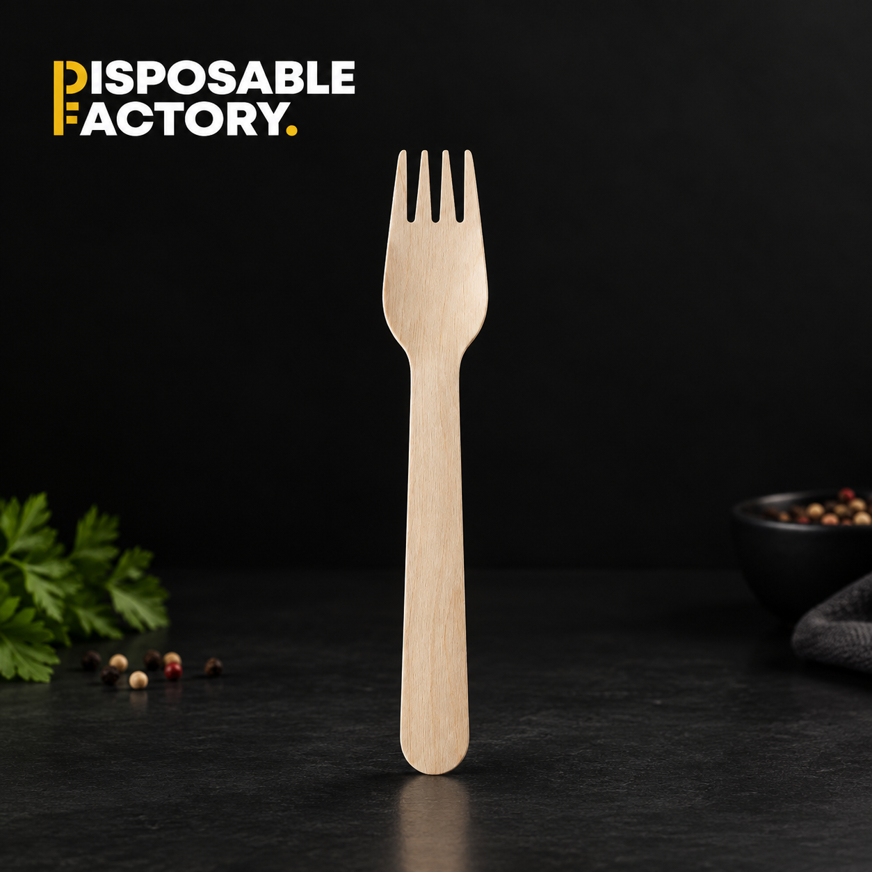Wooden Fork 100 Pieces Disposable wooden fork shown upright on a dark background