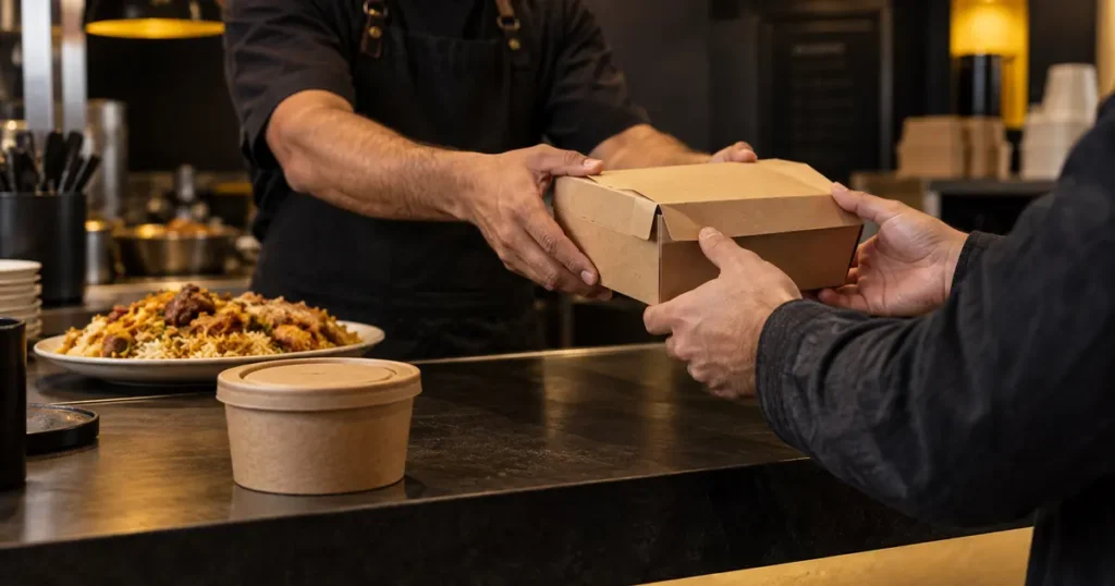 Café employee handing a takeaway food box to a customer beside a kraft food bowl