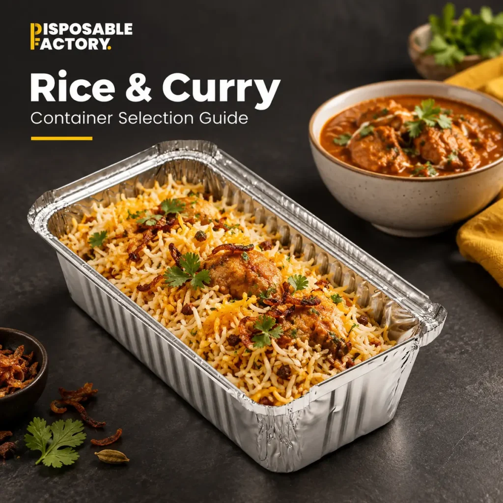Biryani in a foil container beside a bowl of curry for a food packaging selection guide