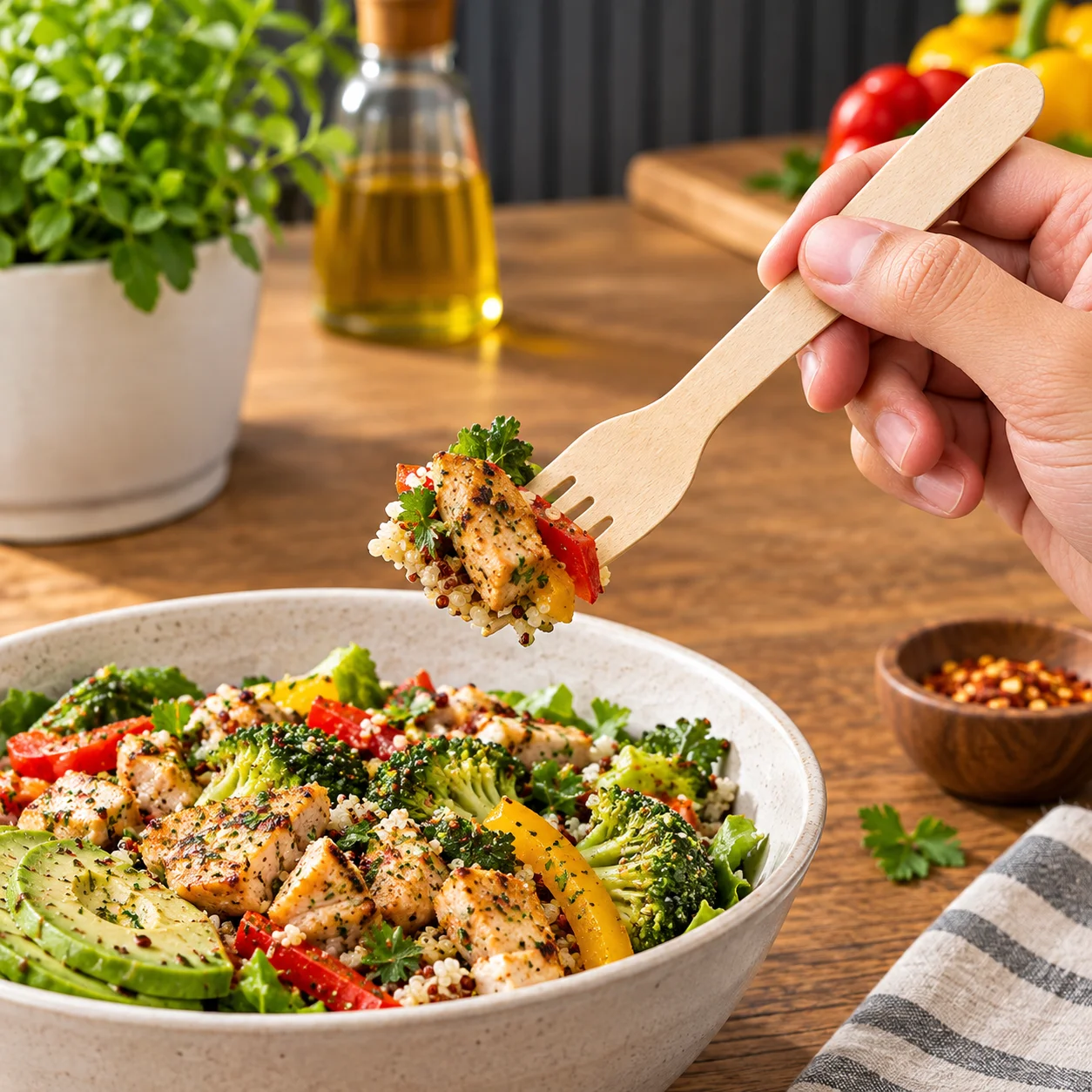 Hand using a disposable wooden fork to eat a salad