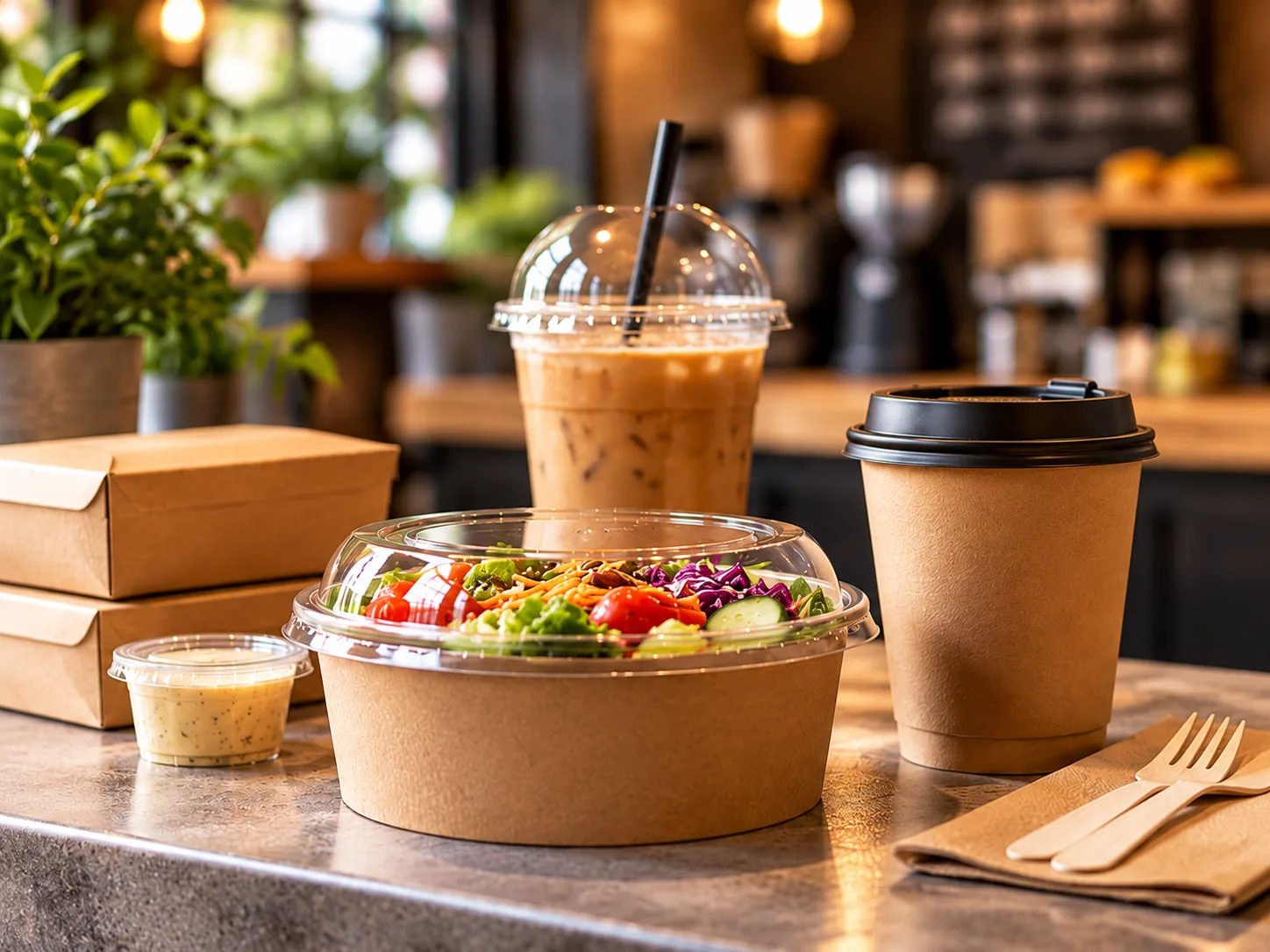 Kraft food bowls, takeaway cups and wooden cutlery on a café counter